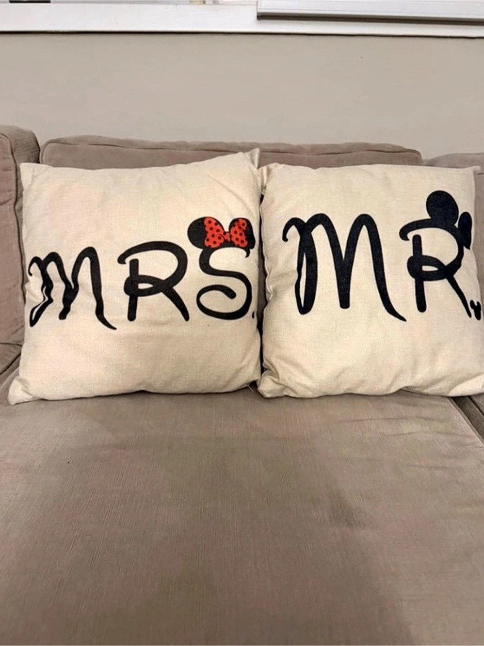 Disney Mickey (Mr.) & Minnie (Mrs.) Accent Pillow Set in Cream & Black